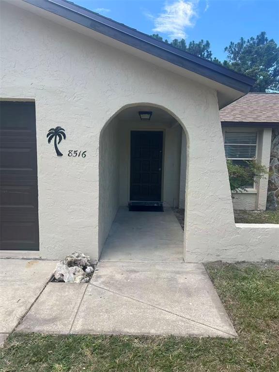 The exterior of a house features a covered entryway with a dark door and palm-tree decor — 8516 INWOOD DRIVE, HUDSON, FL