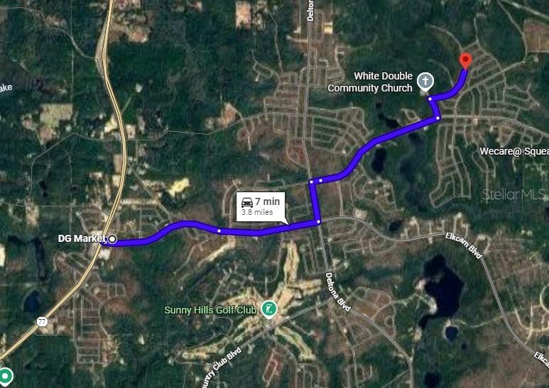 This is a map showing a 3.8-mile driving route between a market and a church — Lot 10 Unit 7 Blk 423 ALHAMBRA DRIVE, CHIPLEY, FL