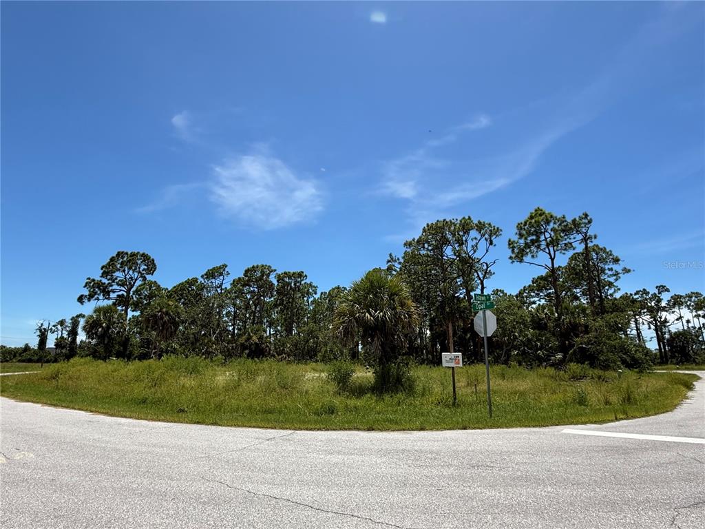 A vacant corner lot with trees and brush sits at the intersection of two paved roads — 109 HAWK DRIVE, ROTONDA WEST, FL