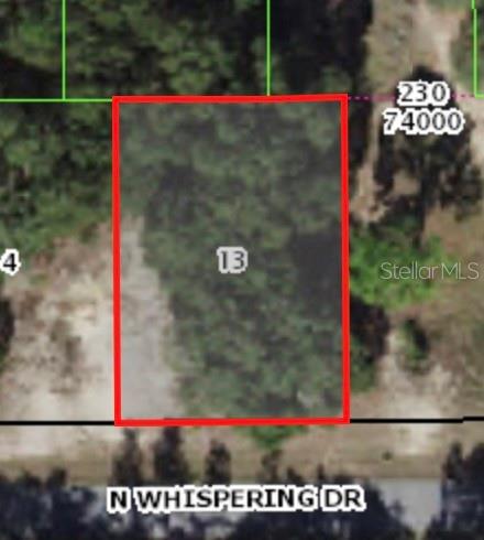 This aerial map shows a rectangular, wooded vacant lot labeled 13 along N Whispering Dr — 6515 N WHISPERING DRIVE, CITRUS SPRINGS, FL
