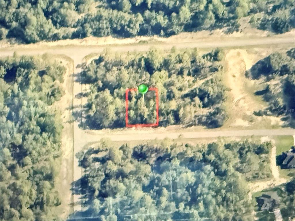 An aerial view shows a rectangular, wooded vacant lot outlined in red — 2881 W HURON LANE, DUNNELLON, FL