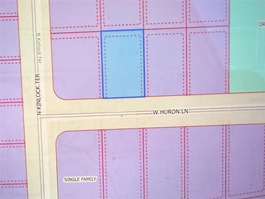 This is a map showing a highlighted rectangular plot of land near a street intersection — 2881 W HURON LANE, DUNNELLON, FL