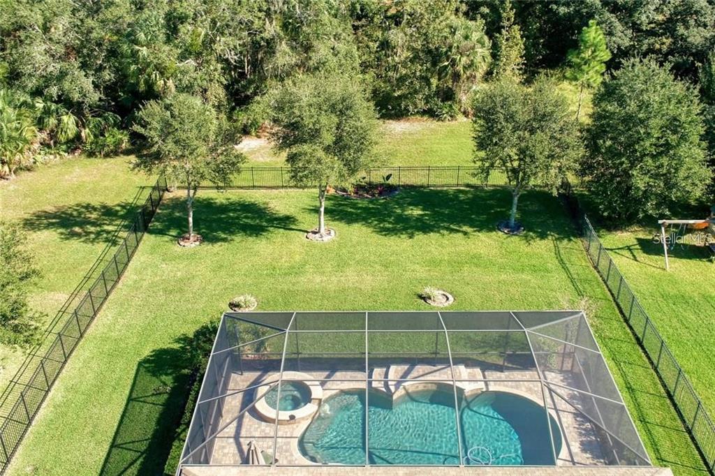An aerial view shows a screened-in pool and spa in a fenced backyard with trees — 7929 HAMPTON LAKE DRIVE, TAMPA, FL
