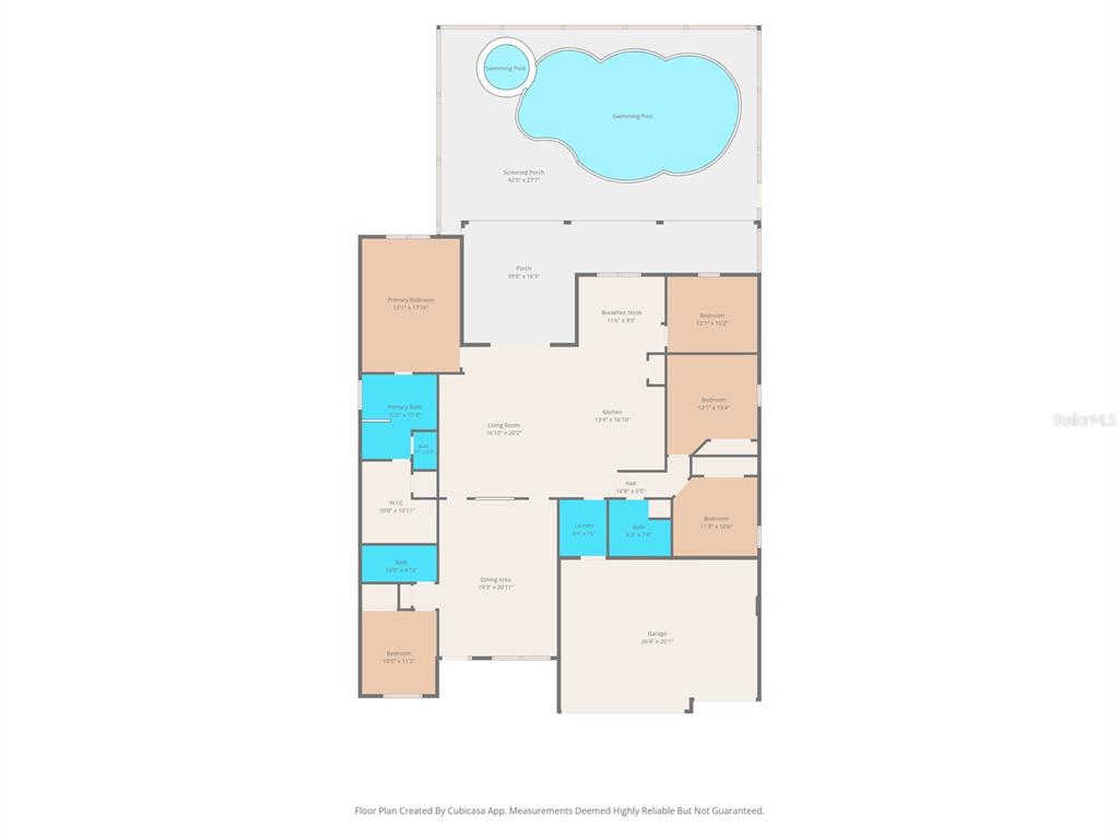 This is a floor plan of a house featuring four bedrooms, a pool, and a garage — 7929 HAMPTON LAKE DRIVE, TAMPA, FL