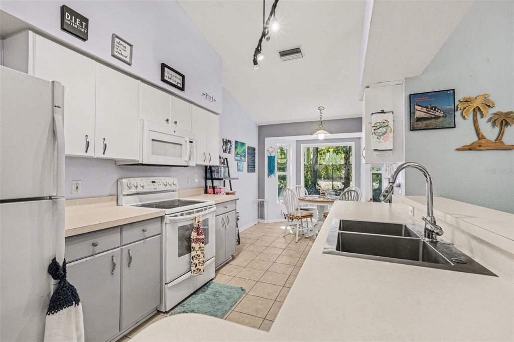 A spacious living room features light green walls, beige carpeting, a vaulted ceiling, and chandelier — 11220 HOLLANDER AVENUE, HUDSON, FL