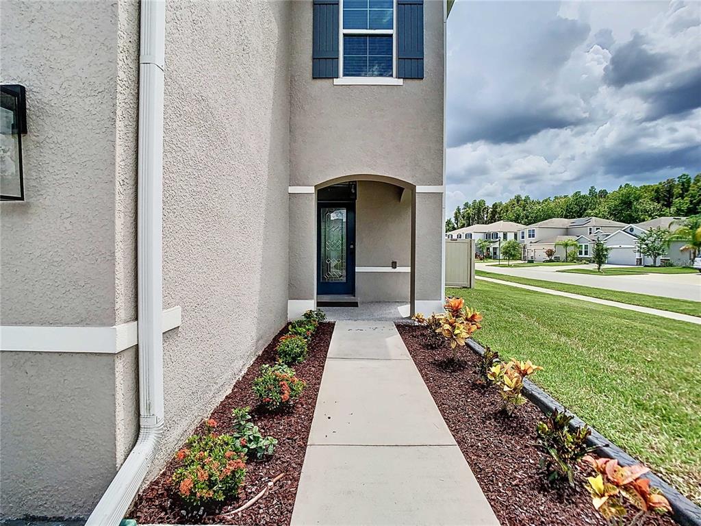 A concrete walkway leads to the front entrance of a two-story house with landscaping — 32670 ANSLEY BLOOM LANE, WESLEY CHAPEL, FL