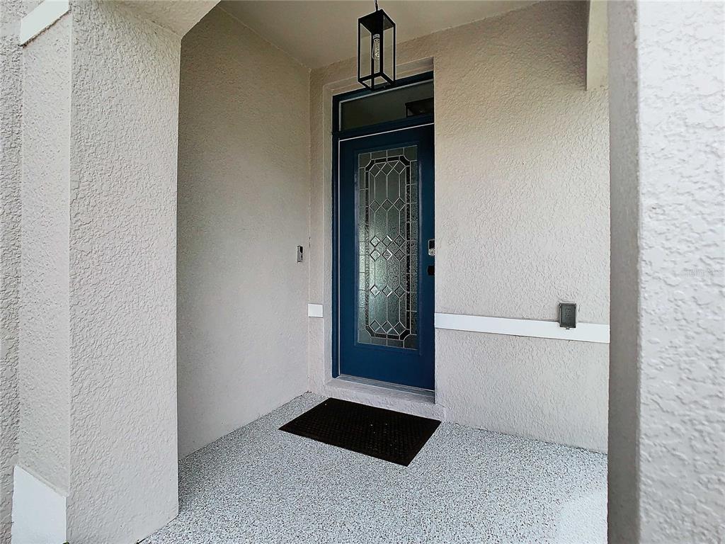 A blue front door with a glass insert sits under a porch light — 32670 ANSLEY BLOOM LANE, WESLEY CHAPEL, FL