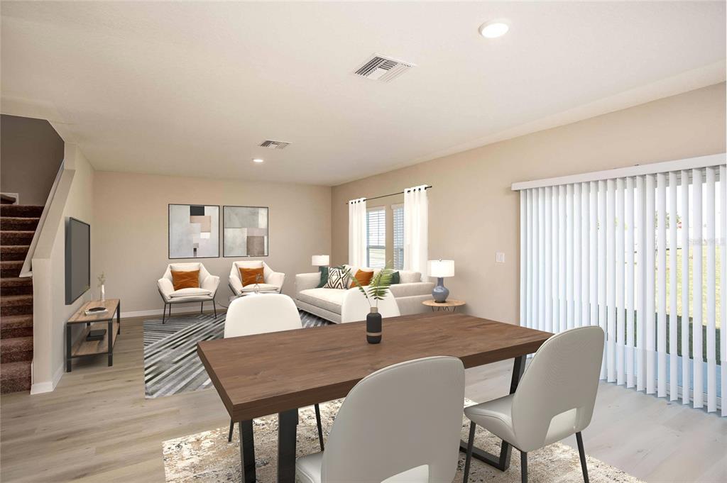 This is a digital rendering of an open-concept living and dining area with light flooring — 5836 HEAVEN ROAD, HAINES CITY, FL