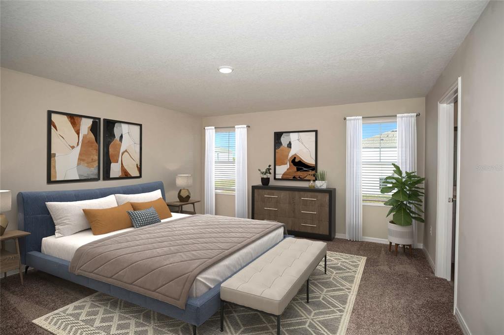 This is a digital rendering of a bedroom featuring a blue bed and neutral decor — 5836 HEAVEN ROAD, HAINES CITY, FL