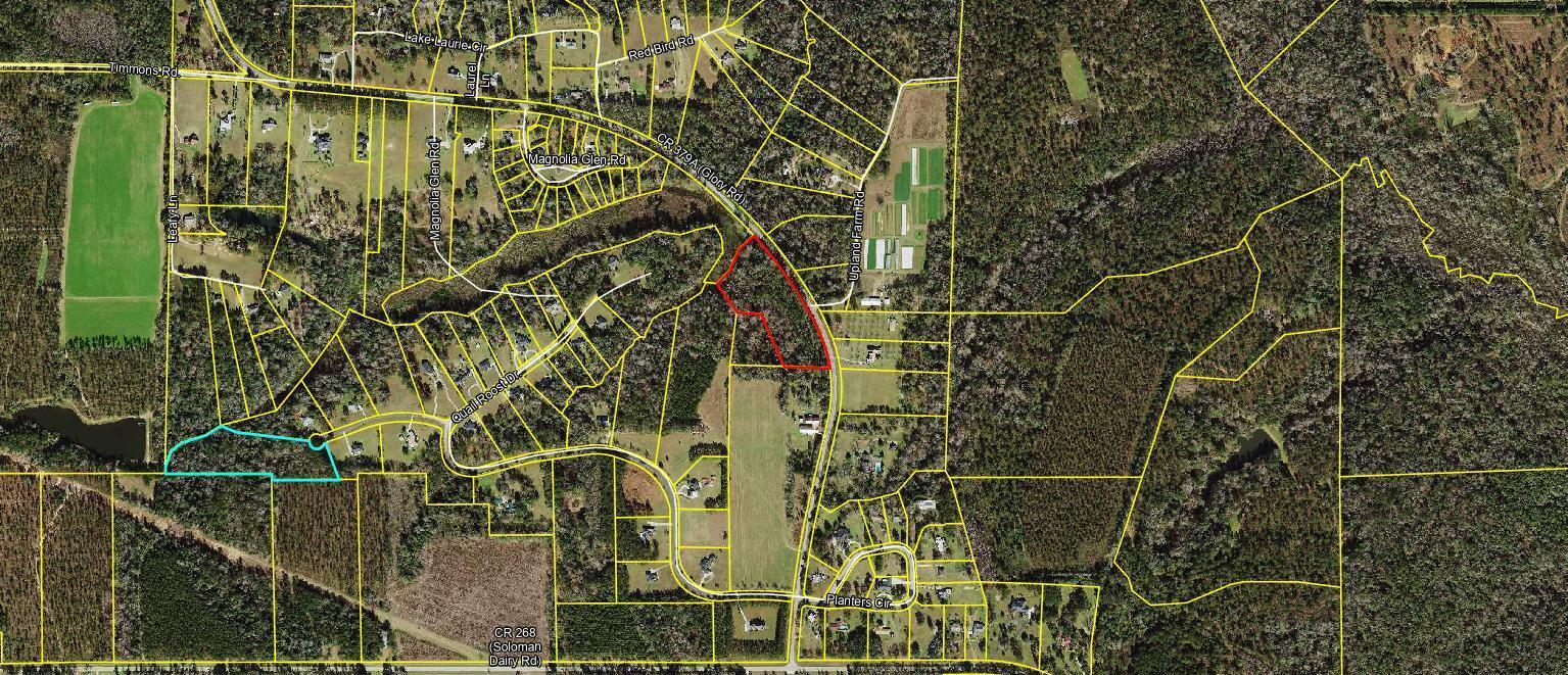 This is an aerial map showing property boundaries highlighted in red and blue over a landscape — Rbd Glory Road, FL 32352, FL