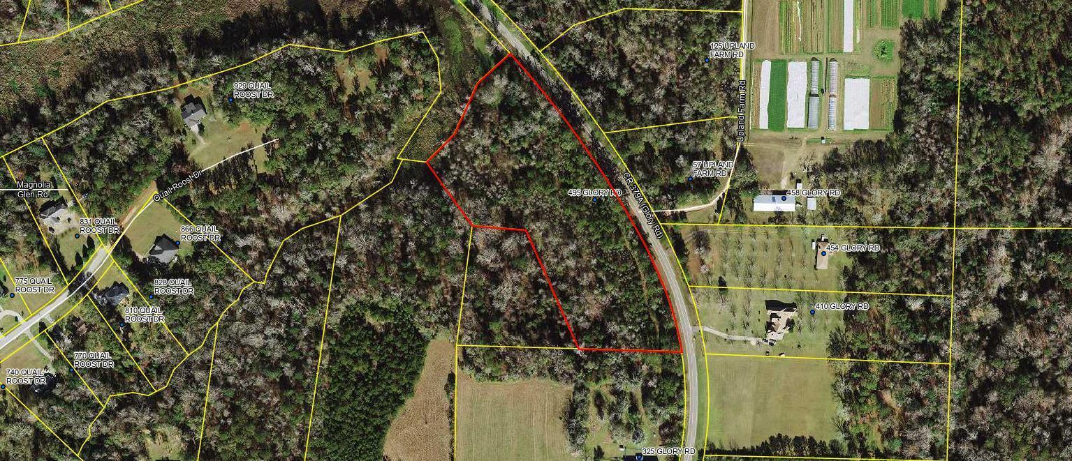 This is an aerial map showing a wooded property parcel outlined in red — Rbd Glory Road, FL 32352, FL