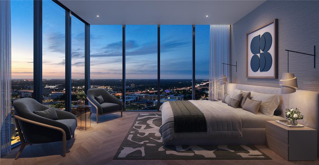 This rendering shows a modern bedroom with floor-to-ceiling windows overlooking a city at dusk — 1101 E JACKSON STREET UNIT 3102, TAMPA, FL