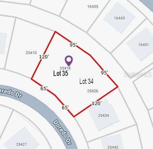 This map shows the property boundaries and dimensions for two adjacent residential lots — 25418 DOREDO DRIVE, PUNTA GORDA, FL