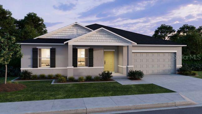 This is a rendering of a single-story suburban house with a yellow front door — 8643 TEMPEST DRIVE, CITRUS SPRINGS, FL
