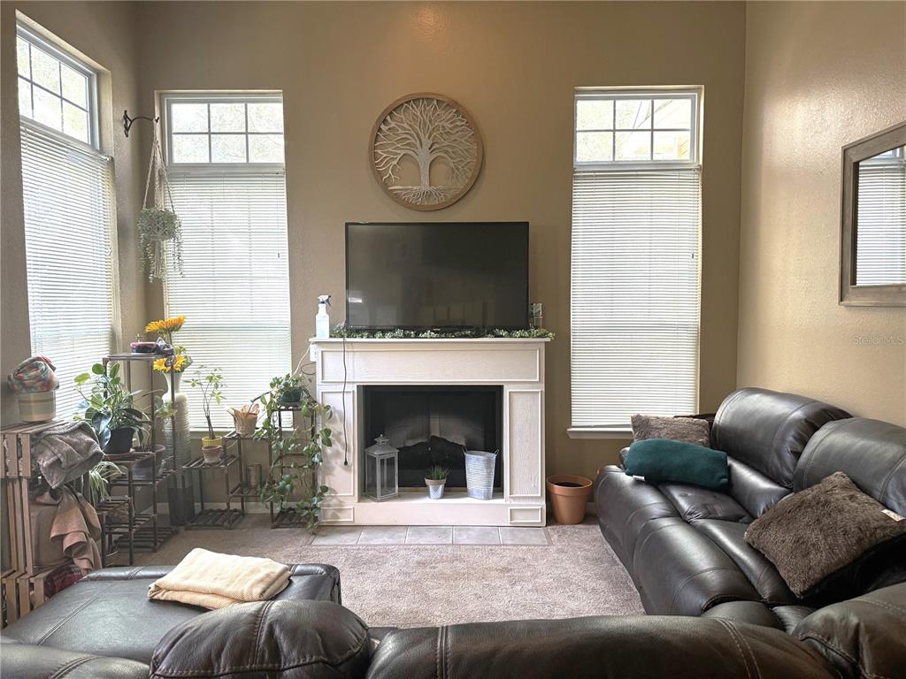A living room features a fireplace with a mounted television, flanked by windows and plants — 1101 VINTAGE VILLAGE LANE UNIT 108, OCOEE, FL