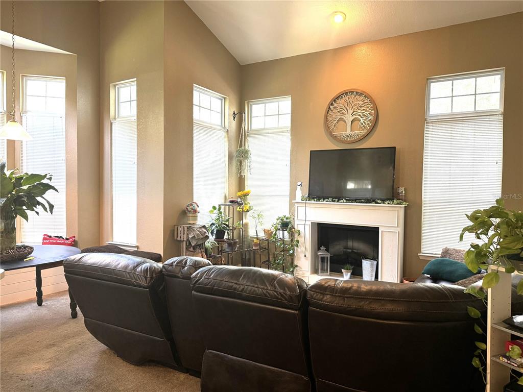 A living room features a fireplace, a wall-mounted television, and large windows with blinds — 1101 VINTAGE VILLAGE LANE UNIT 108, OCOEE, FL