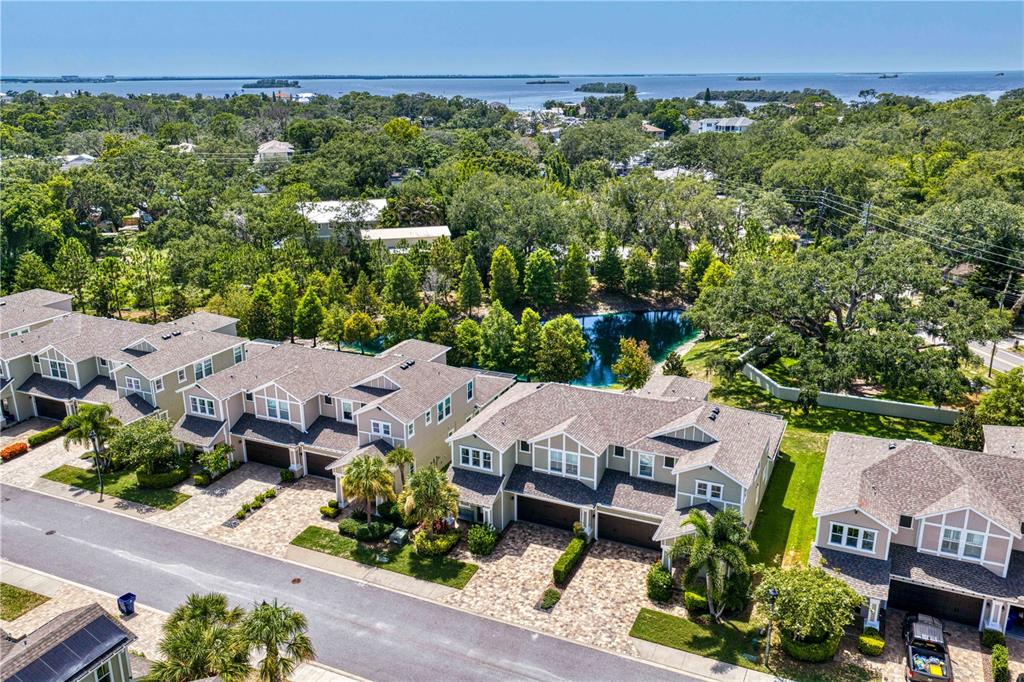 An aerial view shows a row of townhouses with paved driveways near a small pond — 602 OZONA VILLAGE DRIVE, PALM HARBOR, FL