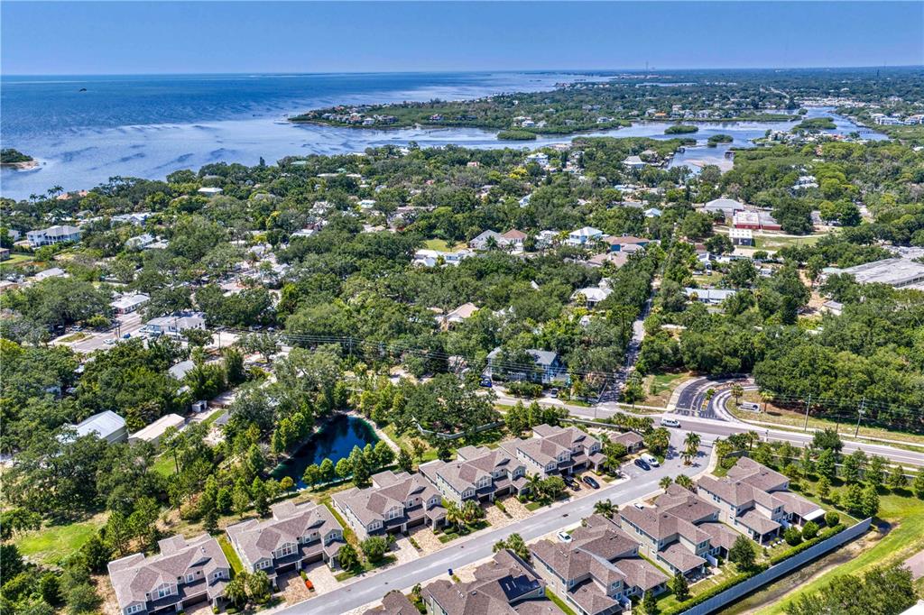An aerial view shows a residential neighborhood with houses, a small pond, and a nearby bay — 602 OZONA VILLAGE DRIVE, PALM HARBOR, FL