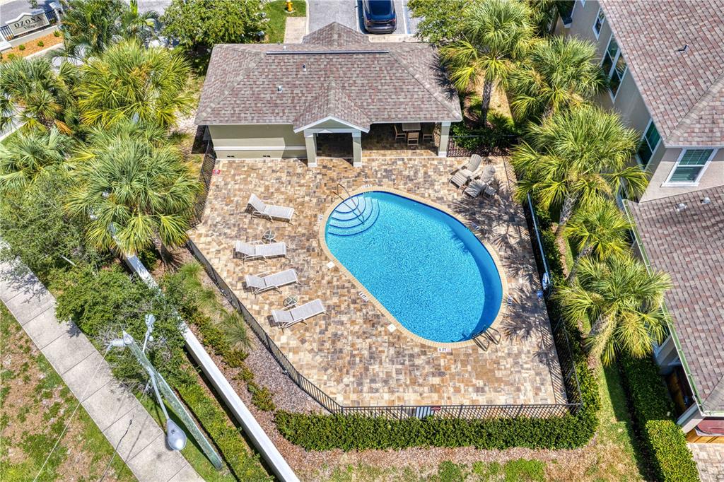 An aerial view shows a swimming pool with lounge chairs on a paved patio deck — 602 OZONA VILLAGE DRIVE, PALM HARBOR, FL