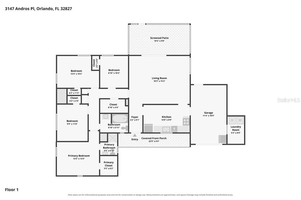 This is a floor plan for a single-story house with four bedrooms and a garage — 3147 ANDROS PLACE, ORLANDO, FL