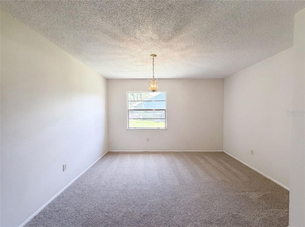 A carpeted dining room features a single window, a hanging light fixture, and plain walls — 5720 KNEELAND LANE, TAMPA, FL