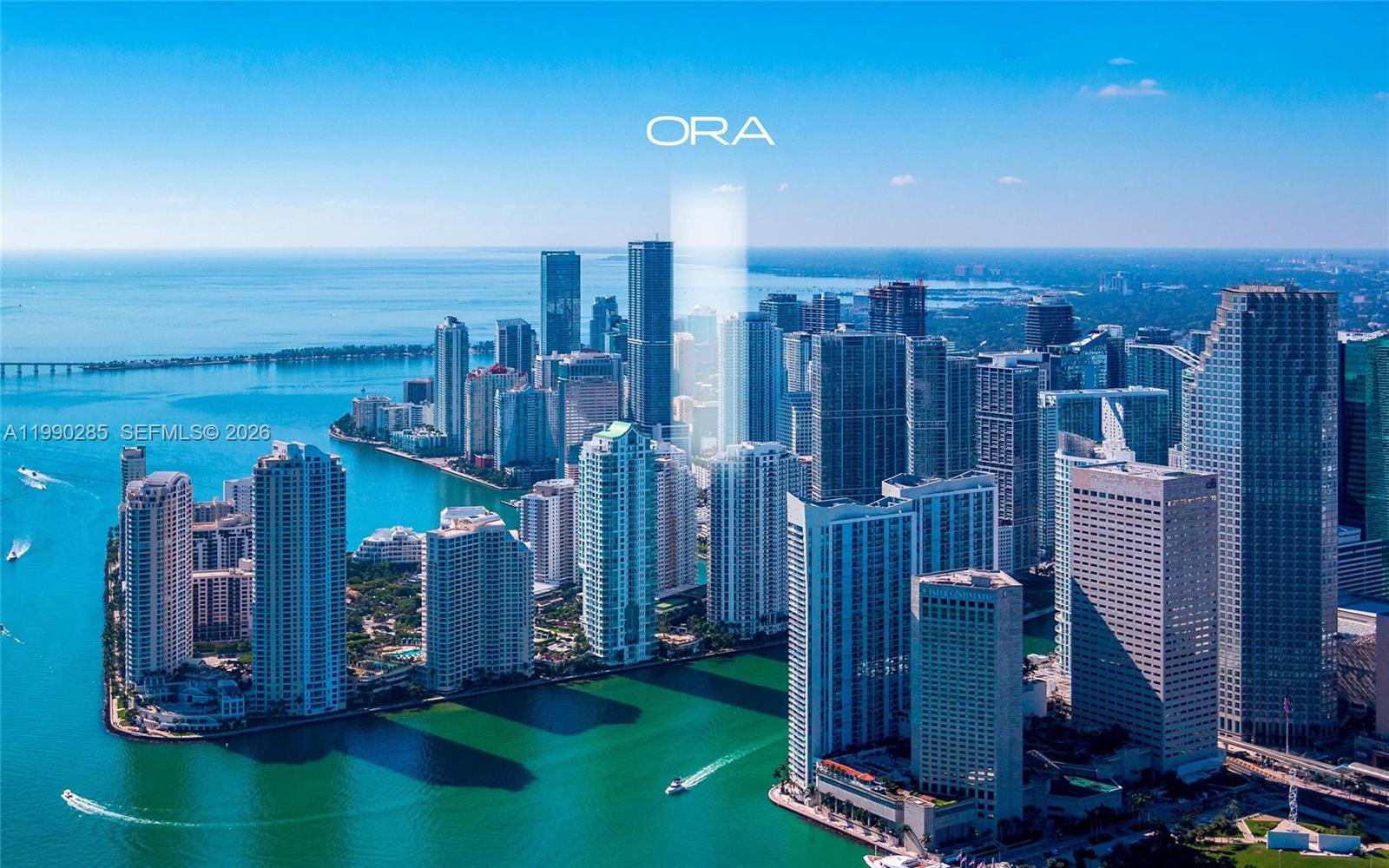 This is an aerial rendering of the Miami skyline highlighting the ORA building location — 1210 Brickell Ave # 7001, Miami FL 33131, MIAMI, FL