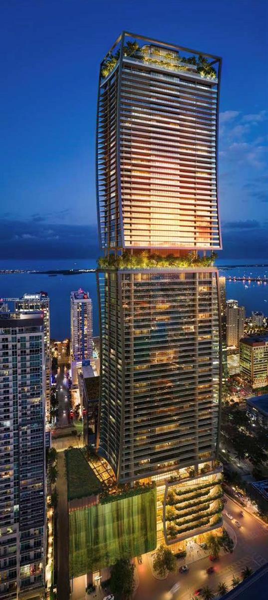 This is a rendering of a modern, multi-tiered skyscraper at night with lush rooftop greenery — 1210 Brickell Ave # 7001, Miami FL 33131, MIAMI, FL