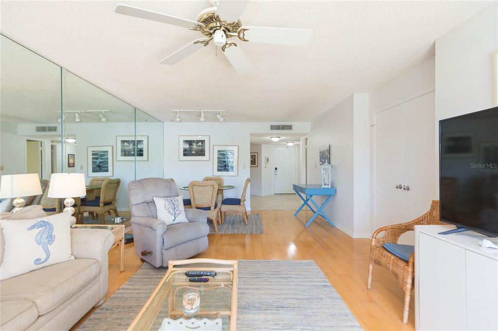 A living room features a ceiling fan, mirrored wall, hardwood floors, and a dining area — 6080 BAHIA DEL MAR CIRCLE UNIT 113, ST PETERSBURG, FL