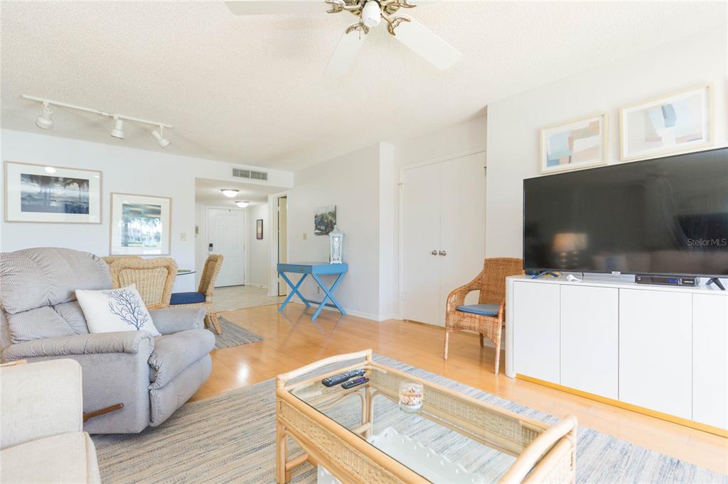 A living room features light wood flooring, a ceiling fan, a television, and wicker furniture — 6080 BAHIA DEL MAR CIRCLE UNIT 113, ST PETERSBURG, FL