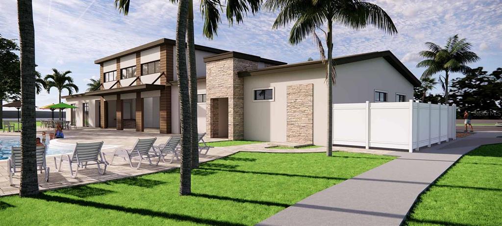 This architectural rendering shows a modern clubhouse exterior with a pool, patio, and palm trees — 200 ENCLAVE AVENUE, PALM COAST, FL