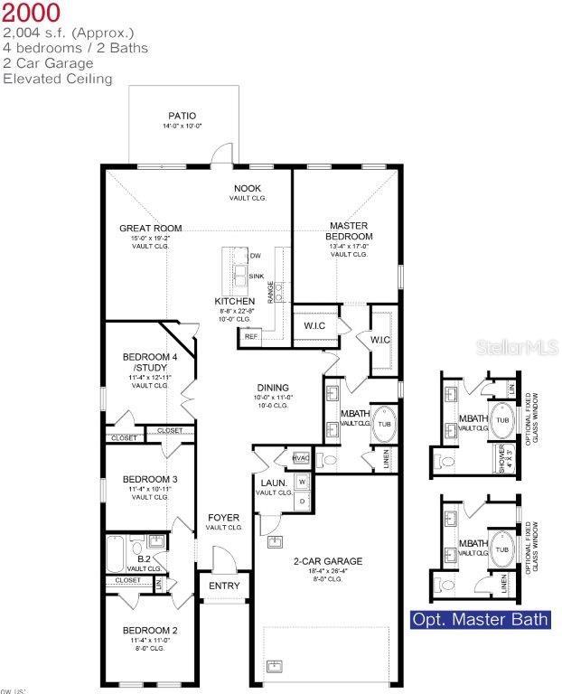 This floor plan shows a four-bedroom, two-bathroom house with a two-car garage and patio — 12508 LANGLEY DRIVE Lot 88, SPRING HILL, FL