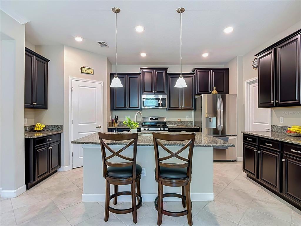 A kitchen features dark wood cabinets, granite countertops, a central island, and two bar stools — 17488 TERRAZZO WAY, LAND O LAKES, FL