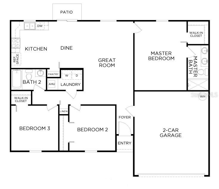This floor plan shows a three-bedroom home with a two-car garage and a rear patio — 137 MAPLE DRIVE W, KISSIMMEE, FL