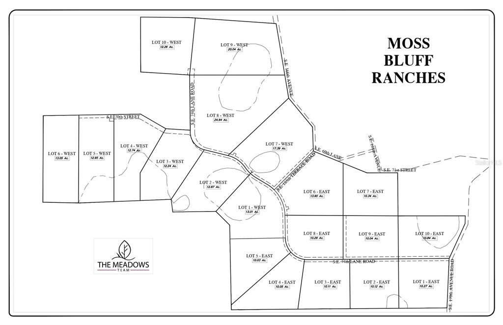 This is a land plat map showing the layout and acreage of Moss Bluff Ranches — SE 74TH LANE ROAD UNIT 8-WEST, OCKLAWAHA, FL