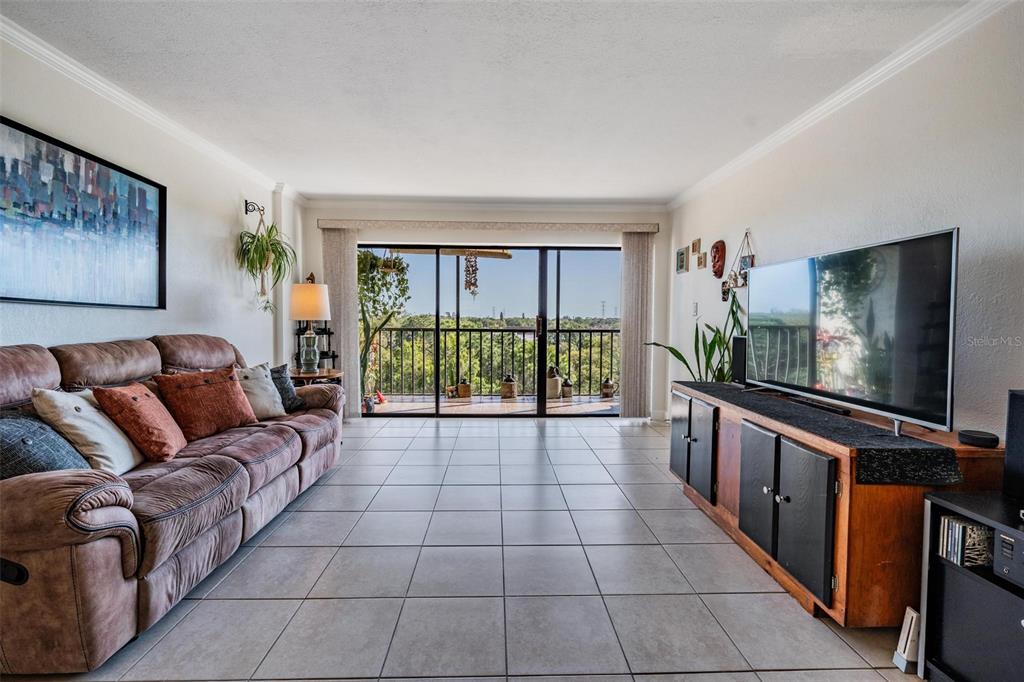 A living room features tile flooring, a brown sofa, and a balcony with outdoor views — 2900 COVE CAY DRIVE UNIT 7B, CLEARWATER, FL