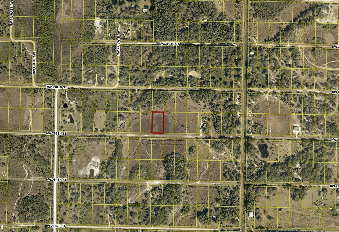 An aerial map view shows a rectangular property lot highlighted in red near rural roads — 15575 NW 296th Street, Okeechobee FL 34972, OKEECHOBEE, FL