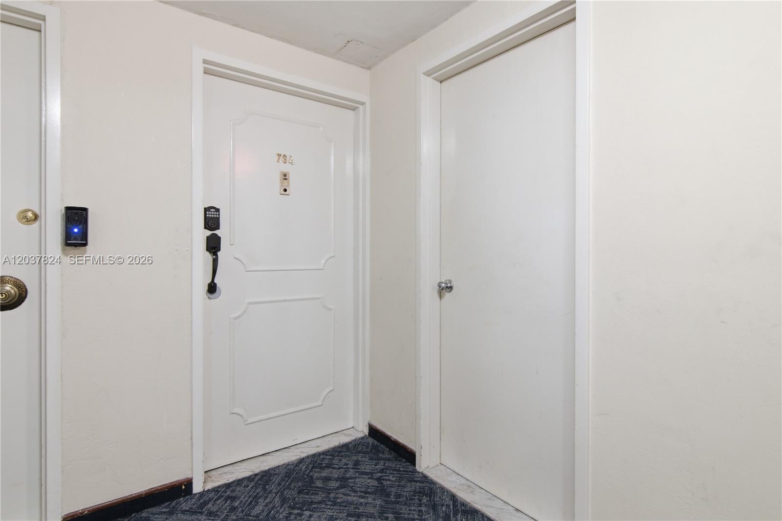 Two white doors with metal hardware are positioned in a hallway with patterned carpet — 801 Brickell Bay Dr # 764, Miami FL 33131, MIAMI, FL