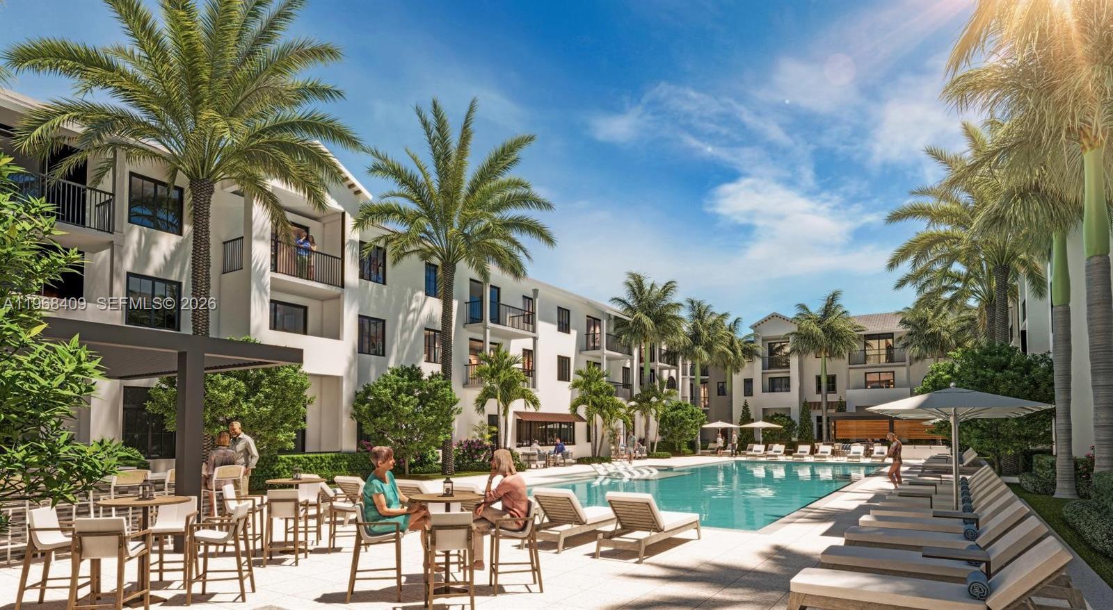 This is a rendering of a residential apartment complex courtyard featuring a swimming pool — 11590 Hagen Ranch # A2, Boynton Beach FL 33437, BOYNTON BEACH, FL