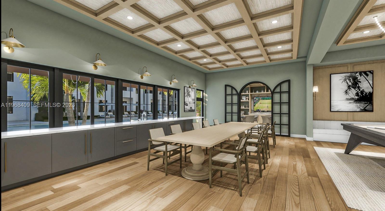 This rendering shows a modern lounge with a long dining table, cabinetry, and coffered ceilings — 11590 Hagen Ranch # A2, Boynton Beach FL 33437, BOYNTON BEACH, FL
