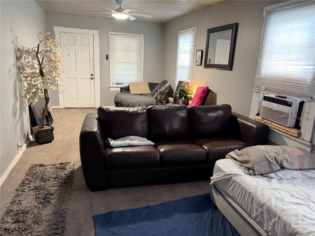 A living room features a dark leather sofa, a bed, and a decorative tree — 3612 N 23RD STREET, TAMPA, FL