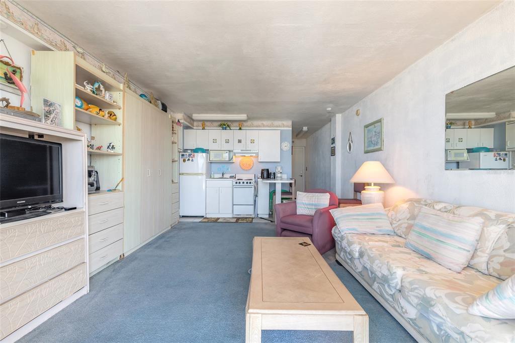 A living room with blue carpeting, a floral sofa, a television unit, and a small kitchen — 701 S ATLANTIC AVENUE UNIT 417, DAYTONA BEACH, FL