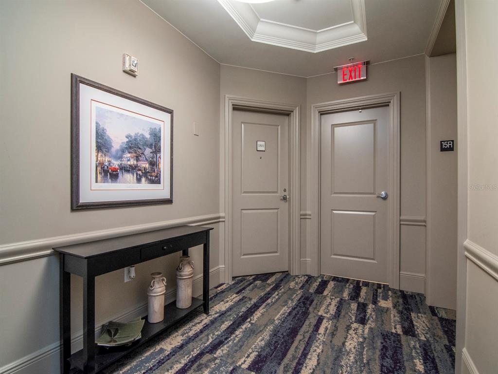 A hallway features a console table, framed artwork, two doors, and patterned carpet flooring — 450 KNIGHTS RUN AVENUE UNIT 1501, TAMPA, FL
