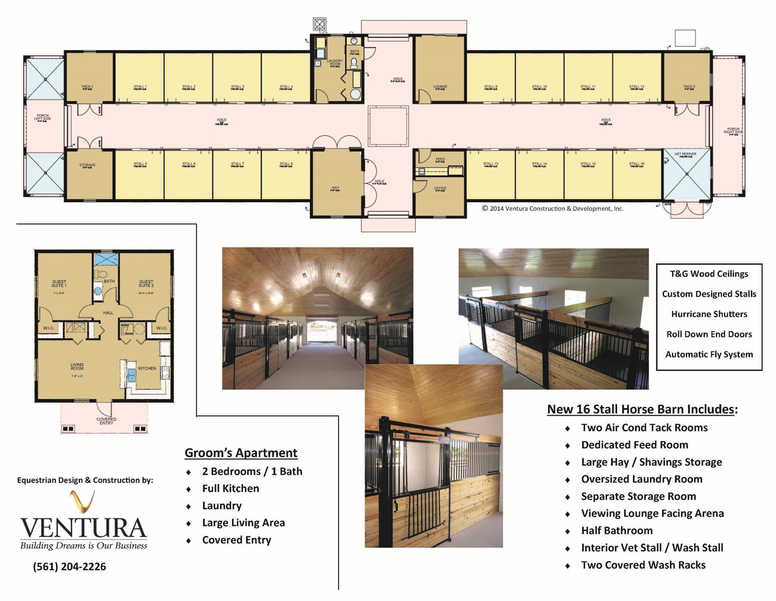 This image shows a floor plan and interior photos of a 16-stall horse barn — 2088 Appaloosa Trail, Wellington FL, WELLINGTON, FL
