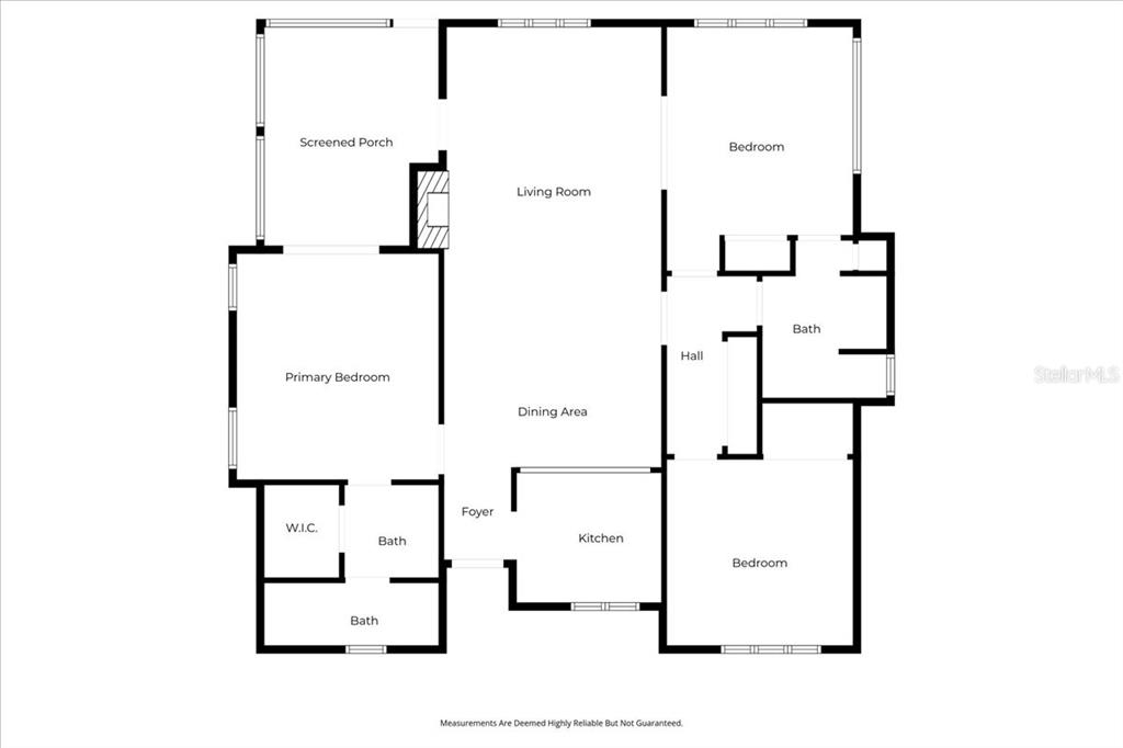 This is a floor plan showing a three-bedroom home with a screened porch — 992 SPINNAKER COURT, TARPON SPRINGS, FL
