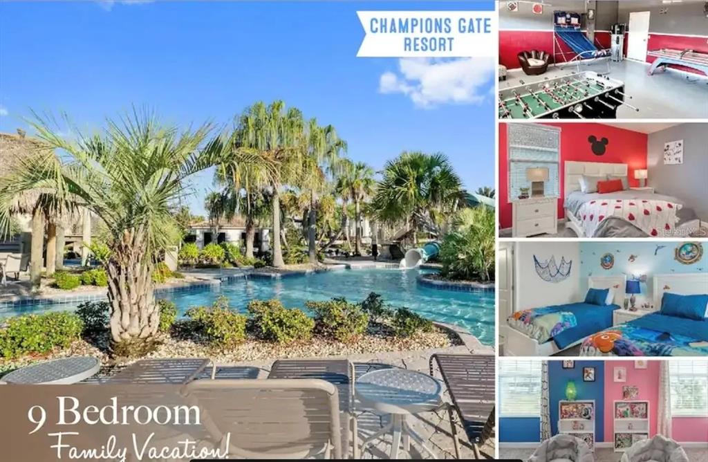 A collage shows a resort pool, a game room, and four themed bedrooms — 1537 MULLIGAN BOULEVARD, DAVENPORT, FL