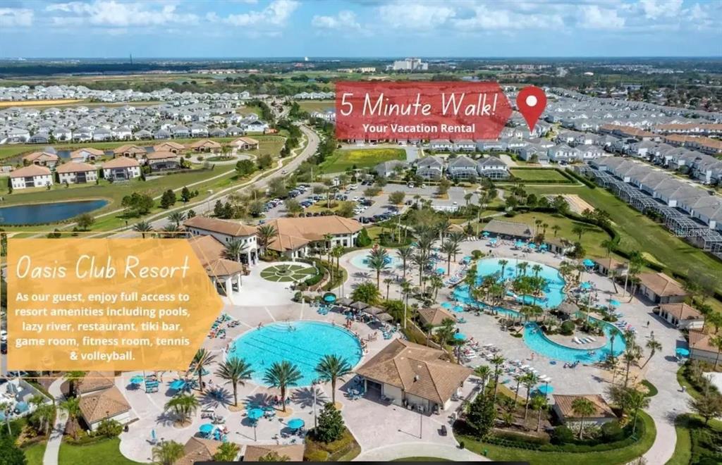 An aerial view shows a resort pool complex with a nearby residential neighborhood — 1537 MULLIGAN BOULEVARD, DAVENPORT, FL