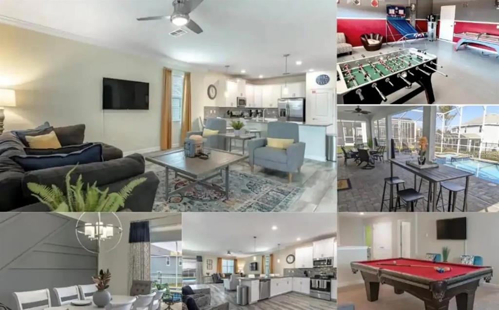 A collage showing a living room, kitchen, game room, dining area, and a screened pool — 1537 MULLIGAN BOULEVARD, DAVENPORT, FL