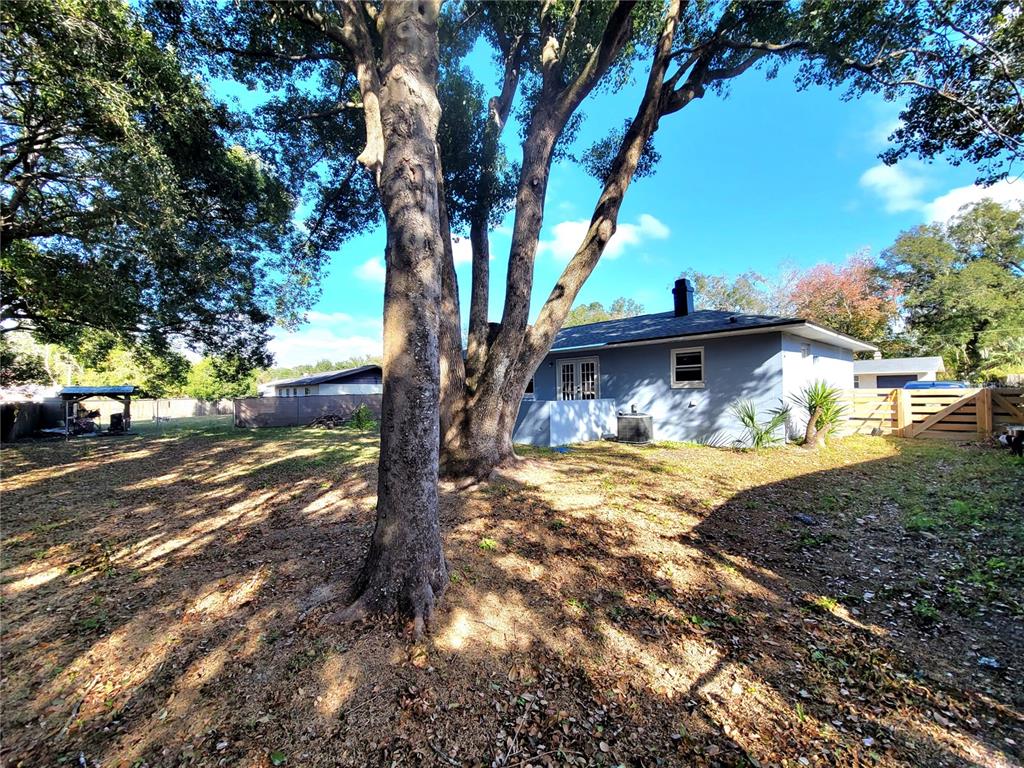 A large tree stands in the backyard of a single-story house with blue siding — 2826 NE 18TH COURT, OCALA, FL