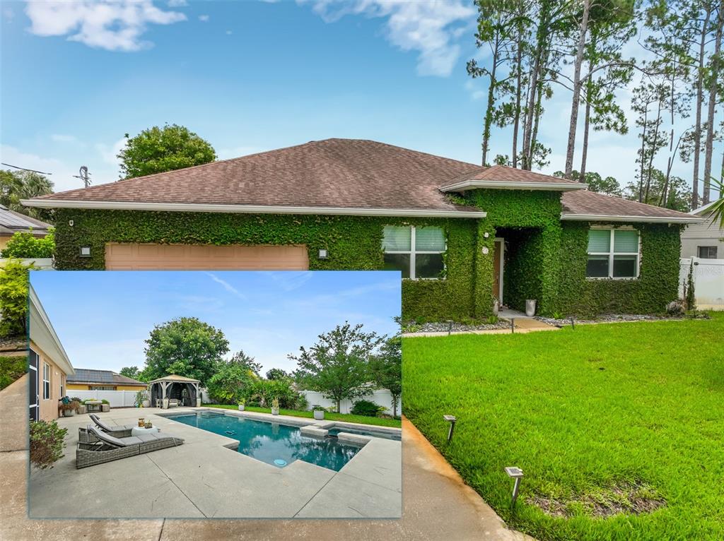 A single-story house covered in ivy with an inset photo of a backyard pool — 59 BEAVERDAM LANE, PALM COAST, FL