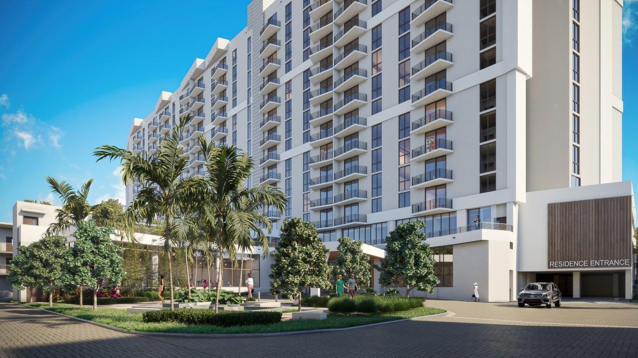 A digital rendering shows the exterior of a modern multi-story apartment building with a residence entrance — 11295 Biscayne Boulevard # 116, Miami FL 33181, MIAMI, FL